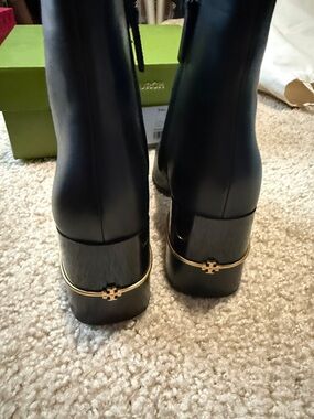 Tory Burch Black Leather Platform Ankle Boots with Gold Accent